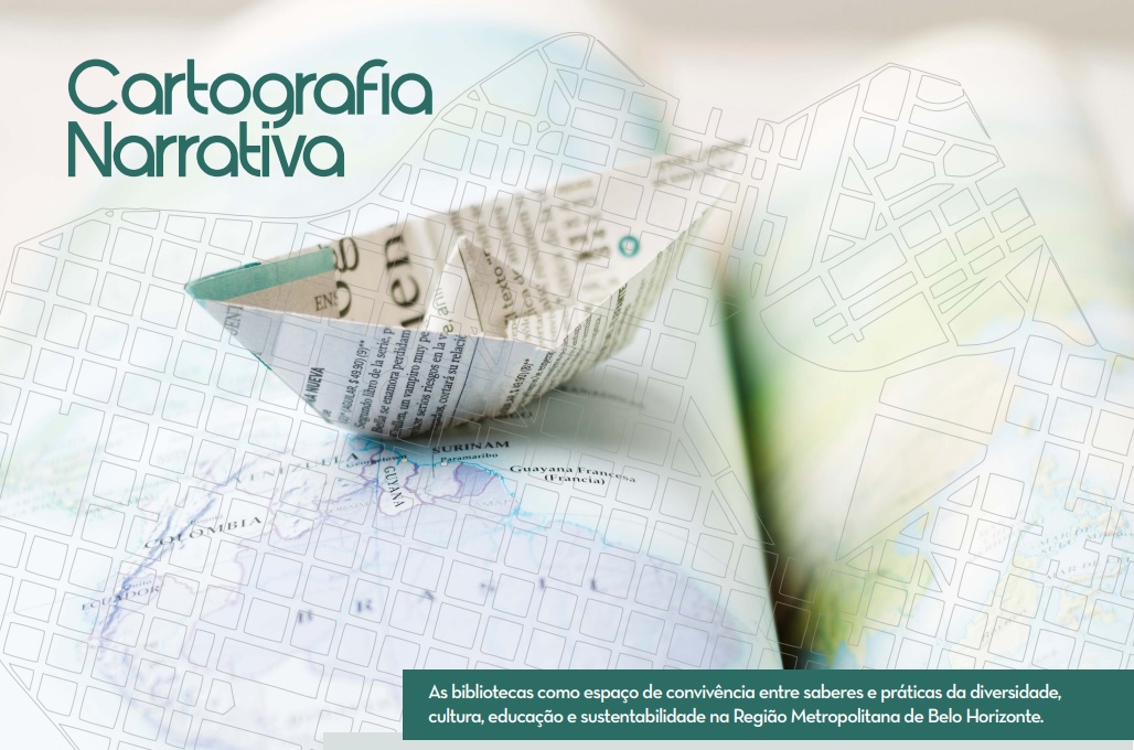Convite para curso online. Cartografia Narrativa. Um barquinho de papel navega sobre as páginas de um mapa-múndi.