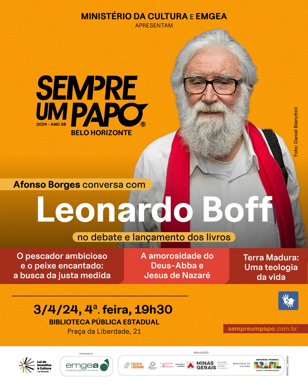 O Sempre Um Papo recebe o teólogo, filósofo e escritor Leonardo Boff para o lançamento de três obras do autor: “O pescador ambicioso e o peixe encantado: a busca da justa medida”, “A amorosidade do Deus-Abba e Jesus de Nazaré” e “Terra Madura”. O3 de abril, quarta-feira, a partir das 19h30, no Teatro José Aparecido de Oliveira. A entrada é franca, mediante retirada de ingresso pelo Sympla.